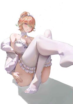 Rule 34 | 1girl, absurdres, babydoll, bare shoulders, breasts, cleavage, feet, fluffy clothes, frilled thighhighs, frills, fur jacket, hair bun, highres, hololive, hololive english, jacket, lace-trimmed nightgown, large breasts, looking at viewer, official alternate costume, official alternate hairstyle, orange hair, purple eyes, satoki, simple background, solo, takanashi kiara, takanashi kiara (cozy), thighhighs, toes, toes visible through clothing, virtual youtuber, white babydoll, white background, white thighhighs