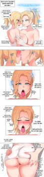 2girls absurdres ahegao ass ass_focus ass_squeeze black_panties blonde_hair blue_eyes blush breast_press breasts closed_eyes comic face-to-face french_kiss grabbing_another&#039;s_ass groping gungnae highres kiss korean_commentary large_breasts looking_at_another mercy_(overwatch) multiple_girls nipples overwatch overwatch_1 panels panties ponytail saliva selfcest sparkle sweat tank_top thick_thighs thighs tongue tongue_out underwear white_tank_top yuri