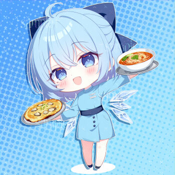 1girl absurdres ahoge alternate_costume blue_bow blue_dress blue_eyes blue_hair blush bow bowl chibi chibi_only chinese_commentary cirno commentary_request commission detached_wings dress flight_attendant food food_request full_body hair_bow highres holding holding_tray ice ice_wings long_sleeves looking_at_viewer name_tag noodles ohako_miyu open_mouth polka_dot polka_dot_background sample_watermark shrimp smile solo touhou travel_attendant tray watermark wings