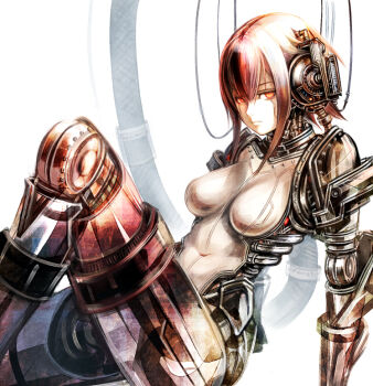 1girl android arm_support breasts cable commentary_request facial_mark hair_between_eyes joints knee_up looking_at_viewer mechabare mechanical_arms mechanical_legs medium_breasts navel no_pupils original reclining red_eyes red_hair robot_joints short_hair sidelocks solo sushi_(sashimise) white_background