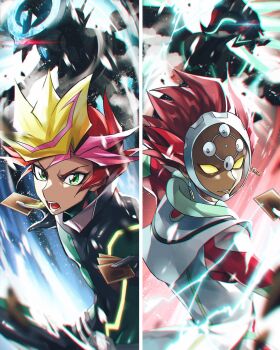 2boys black_bodysuit blonde_hair bodysuit borreload_dragon brown_hair card character_request coat commentary_request dragon duel_monster firewall_dragon fujiki_yusaku green_bodysuit highres holding holding_card kogami_ryoken male_focus mayona_(mayona1poke) multicolored_hair multiple_boys playmaker_(yu-gi-oh!) purple_hair red_hair revolver_(yu-gi-oh!) trading_card two-tone_hair white_coat yu-gi-oh! yu-gi-oh!_vrains