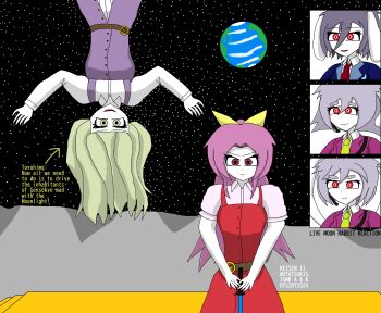 5girls absurdres animal_ears belt blonde_hair bow breasts character_name commentary dress earth_(planet) english_commentary english_text formal_clothes grey_hair hair_between_eyes hair_bow high_ponytail highres koishi_komeiji's_heart-throbbing_adventure light_smile live_tucker_reaction_(meme) long_hair long_sleeves lunarian_guard_(female) mdcmp4 meme moon multiple_girls necktie open_mouth parody planet planted planted_sword planted_weapon ponytail purple_dress purple_hair purple_suit rabbit_ears red_eyes reisen_(touhou_bougetsushou) scene_reference shirt short_sleeves siblings sisters smile space style_parody suit sword talking touhou upside-down watatsuki_no_toyohime watatsuki_no_yorihime weapon white_hair white_shirt yellow_bow yellow_eyes yellow_necktie