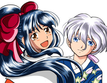2girls alternate_costume blue_eyes blush bow brown_eyes grey_hair hair_ribbon japanese_clothes kimono long_hair looking_at_viewer looking_back multiple_girls open_mouth ponytail red_bow reni_milchstrasse ribbon sakura_taisen sega shinguuji_sakura short_hair smile tongue