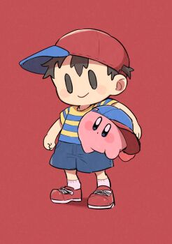 Rule 34 | 1boy, 1other, baseball cap, blue eyes, blue shorts, blush stickers, brown eyes, brown hair, carrying, closed mouth, colored skin, cosplay, denim, denim shorts, dot mouth, full body, hair between eyes, hat, highres, kirby, kirby (series), male focus, mother (series), mother 2, ness (mother 2), ness (mother 2) (cosplay), nintendo, pink skin, poyoyoiyo, red background, red shoes, shirt, shoelaces, shoes, short hair, short sleeves, shorts, simple background, socks, standing, striped clothes, striped shirt, super smash bros., two-tone hat, white socks