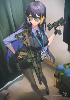 1girl 2026 ar-15 artist_logo black_gloves black_hair black_necktie black_shoes black_skirt black_vest blonde_hair blue_eyes blue_hair breasts collared_shirt colored_inner_hair commentary_request commission fingerless_gloves glasses glock gloves gun hand_on_own_hip handgun heterochromia highres hiroki_ree holding holding_gun holding_weapon id_card lanyard large_breasts logo multicolored_hair necktie original pantyhose purple_shirt rifle shirt shoes skirt solo streaked_hair vest weapon yellow_eyes