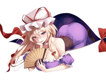 1girl absurdres all_fours ass bare_shoulders bent_over blonde_hair breasts brown_corset choker cleavage commentary_request corset detached_sleeves dh_ahn dress frilled_choker frills gap_(touhou) hand_fan hand_on_own_chin hat hat_ribbon highres holding holding_fan large_breasts looking_at_viewer lying mob_cap puffy_detached_sleeves puffy_sleeves purple_dress purple_eyes red_ribbon ribbon strapless strapless_dress touhou white_choker white_hat yakumo_yukari