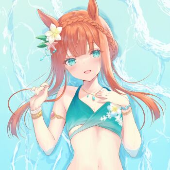 1girl absurdres animal_ears aqua_bikini armlet bangle bare_shoulders bikini blue_eyes blunt_bangs bracelet braid breasts cleavage crown_braid eyelashes fingernails flat_chest flower gold_armlet gold_bracelet hair_flower hair_ornament hair_spread_out halterneck hand_on_own_chest happy highres horse_ears horse_girl jewelry leaf light_blush looking_at_viewer lying multiple_bracelets navel ocean official_alternate_costume on_back on_water open_mouth sasaminiku_(chickenbstrips) shadow short_hair_with_long_locks sidelocks silence_suzuka_(emerald_on_the_waves)_(umamusume) silence_suzuka_(umamusume) smile solo starfish_hair_ornament stomach swimsuit umamusume updo upper_body white_flower