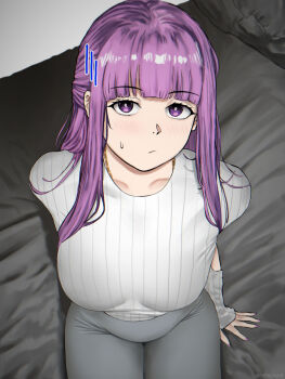 1girl absurdres breasts clothing_cutout commentary contemporary devovas fern_(sousou_no_frieren) from_above grey_pants half_updo highres medium_breasts pants purple_eyes purple_hair purple_nails ribbed_shirt shirt sitting sleeves_past_wrists solo sousou_no_frieren sweatdrop yoga_pants