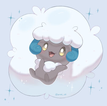 alternate_color artist_name blue_background brown_eyes commentary_request curled_horns dark_skin gen_5_pokemon horns iwasi_29 nintendo no_humans open_mouth pokemon pokemon_(creature) shiny_pokemon smile twitter_username whimsicott white_hair