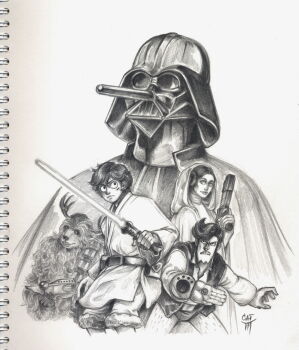 1girl 4boys absurdres chewbacca chewbacca_(cosplay) cosplay crossover cyborg darth_vader darth_vader_(cosplay) energy_sword franky_(one_piece) furry furry_male graphite_(medium) gun han_solo han_solo_(cosplay) highres holding holding_gun holding_sword holding_weapon jedi lightsaber long_nose luke_skywalker luke_skywalker_(cosplay) monkey_d._luffy monochrome monster_boy multiple_boys nico_robin one_piece princess_leia_(cosplay) princess_leia reindeer scar scar_on_face short_hair sketch star_wars star_wars:_a_new_hope sword teeth tony_tony_chopper traditional_media usopp weapon x_cat_art