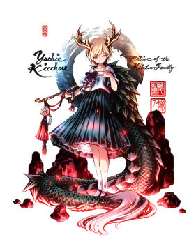 1girl absurdres antlers blonde_hair blue_bow blue_shirt blue_skirt blush bow character_name closed_mouth dragon_girl dragon_horns dragon_tail english_text fur-tipped_tail green_scales highres holding holding_smoking_pipe horns kicchou_yachie link163353 looking_at_viewer monster_girl red_eyes scales shirt short_hair short_sleeves simple_background skirt smile smoking_pipe socks solo square_neckline tail touhou turtle_shell white_background white_socks yellow_horns