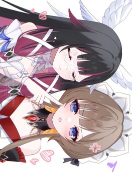 Rule 34 | 2girls, anger vein, arm bow, bare shoulders, black collar, black hair, black sleeves, blue eyes, bonnet, bow, bowtie, brown hair, cheek poking, closed eyes, closed mouth, collar, columbina (genshin impact), detached collar, detached sleeves, dress, eye mask, genshin impact, gradient hair, hair bow, hair ornament, head wings, heart, highres, kino (curry pan), long hair, long sidelocks, mask, multicolored hair, multiple girls, multiple wings, open mouth, poking, purple hair, purple streaks, ribbon, sandrone (genshin impact), see-through clothes, see-through mask, short hair with long locks, sidelocks, simple background, smile, streaked hair, two-tone hair, white background, white dress, white headdress, white mask, white wings, wing hair ornament, wings, wrist bow, x-shaped eyewear