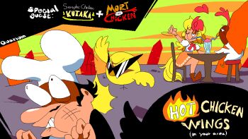 1boy 1girl animal artist_name baby_animal bird bird_tail biting_own_lip black_hair black_shirt blonde_hair brown_shoes bulging_eyes chair character_name chef_hat chick chicken closed_mouth commentary couple crossover drinking_straw english_commentary english_text facial_hair half-closed_eye hat heart in_the_face kamina_shades long_nose looking_to_the_side mcpig_(style) milkshake mort_(mort_the_chicken) mort_the_chicken multicolored_hair multiple_crossover mustache niwatari_kutaka one_eye_closed orange_skirt orange_sky peppino_spaghetti pizza_tower quarium red_hair shared_drink shirt shoes short_hair short_sleeves sitting skirt sky slapping smile sunglasses table tail teeth touhou triangular_eyewear two-tone_hair white_shirt wings yellow_tail yellow_wings