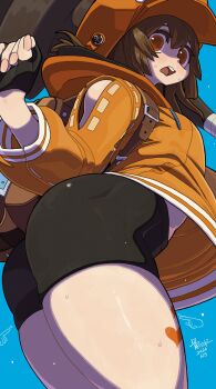 1girl anchor ass bike_shorts bone_nigi brown_eyes brown_hair commentary_request fingerless_gloves from_below from_side gloves guilty_gear guilty_gear_strive hat highres hood hoodie may_(guilty_gear) open_mouth orange_hat orange_hoodie solo