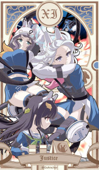 absurdres animal_ear_hairband animal_ears black_hair blue_archive breasts fake_animal_ears goanchor green_eyes grey_hair hairband helmet highres knee_pads large_breasts long_hair medium_hair miyako_(blue_archive) miyu_(blue_archive) purple_eyes purple_hair rabbit_ear_hairband rabbit_ears rabbit_platoon_(blue_archive) red_eyes saki_(blue_archive) thighs white_helmet