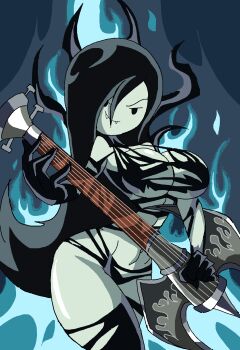 1girl adventure_time arms_up bare_shoulders black_gloves black_hair blue_fire breasts brutal_legend cartoon_network cleavage cosplay crossover curvy demon demon_girl drowned_ophelia emo female_focus fire gloves goth_fashion guitar highres instrument long_hair looking_at_viewer manic47 marceline_abadeer midriff monster monster_girl shiny_skin solo standing vampire very_long_hair video_game weapon wide_hips