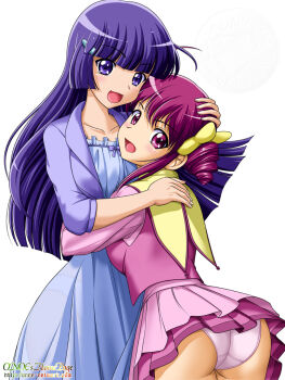 10s 2girls :d aoki_reika ass blue_dress blue_eyes blue_hair blue_skirt collarbone dress drill_hair female_focus hair_ornament hairclip hoshizora_miyuki hug long_hair looking_at_viewer multiple_girls onoe open_mouth panties pantyshot pink_eyes pink_hair precure shirt short_hair short_twintails simple_background skirt smile smile_precure! twintails underwear white_background white_panties