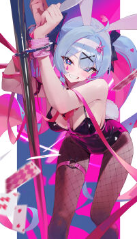 1girl absurdres animal_ear_hairband animal_ears bare_shoulders black_leotard blue_eyes blue_hair blush breasts card commentary_request cuffs facial_mark fake_animal_ears fishnet_pantyhose fishnets hair_ornament hairband hatsune_miku highres leotard long_hair looking_at_viewer medium_breasts modare pantyhose pink_pupils playboy_bunny playing_card pole rabbit_ear_hairband rabbit_ears rabbit_hole_(vocaloid) smile solo stripper_pole teardrop_facial_mark thigh_strap twintails vocaloid x_hair_ornament