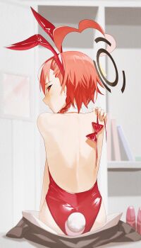 1girl absurdres ahoge animal_ear_hairband animal_ears ass back blue_archive bow bowtie braid commentary_request detached_collar fake_animal_ears fake_tail fingernails hairband halo highres hm_(mhm2592) huge_ahoge indoors looking_at_viewer looking_back median_furrow neru_(blue_archive) neru_(bunny)_(blue_archive) official_alternate_costume profile rabbit_ear_hairband rabbit_ears rabbit_tail short_hair single_braid sitting solo tail unworn_bowtie