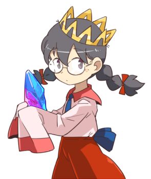 Rule 34 | 1girl, black hair, braid, crown, crystal, freckles, glasses, hari (kureon), holding, holding crystal, kirby (series), kirby 64, long hair, looking at viewer, low twin braids, nintendo, ripple star queen, simple background, sleeves past fingers, sleeves past wrists, twin braids, white background