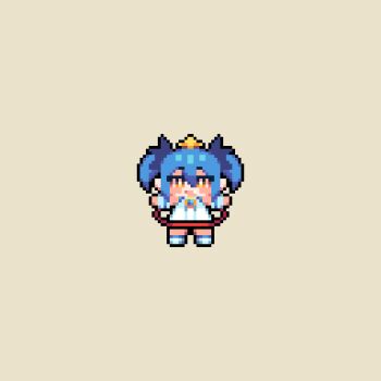 1girl animated animated_gif blue_hair blush bombergirl brown_background chibi chibi_only commentary_request crown detached_sleeves dress full_body hoop hula_hoop lewisia_aquablue looking_at_viewer open_mouth puffy_detached_sleeves puffy_sleeves shoes short_hair simple_background sleeveless sleeveless_dress smile solo standing tonchamon_san two_side_up white_dress white_shoes white_sleeves yellow_eyes