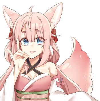 :3 animal_ear_fluff animal_ears blue_eyes breasts cleavage commentary_request fox_ears fox_girl fox_shadow_puppet fox_tail hairstyle_request highres indie_virtual_youtuber kitsune long_hair open_mouth pale_skin pink_hair sakura_yuto single_bare_shoulder suisen_shiira_(vtuber) tail transparent_background upper_body virtual_youtuber wide_sleeves
