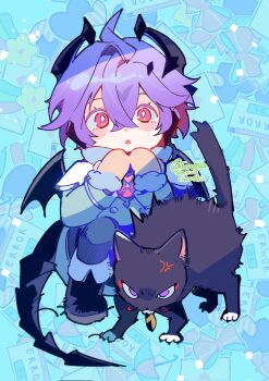 1boy ahoge anger_vein animalization aqua_coat aqua_sleeves black_boots black_cat black_horns black_tail black_wings blue_background blush boots bow bright_pupils brown_mittens cat coat colored_eyelashes copyright_name crossed_bangs curtained_hair dated diamond-shaped_pupils diamond_(shape) dragon_boy dragon_horns dragon_tail dragon_wings durin_(genshin_impact) eromkk error_message full_body fur-trimmed_sleeves fur_collar fur_trim genshin_impact grey_pants hair_between_eyes hands_up hashtag-only_commentary heart highres horns long_sleeves looking_at_viewer male_focus mittens open_mouth pants pink_eyes purple_hair scaramouche_(cat)_(genshin_impact) scaramouche_(genshin_impact) shooting_star squatting star_(symbol) symbol-shaped_pupils tail tareme twitter_username white_pupils window_(computing) wings winter_clothes winter_coat