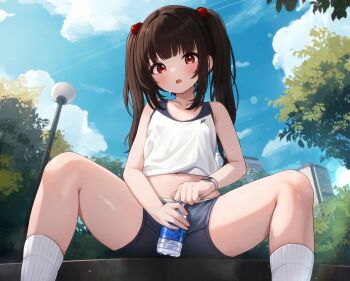 1girl bottle commentary comodox english_commentary hair_bobbles hair_ornament highres lulla_(comodox) original outdoors paid_reward_available red_eyes shorts sitting sky socks solo spread_legs sweat twintails white_socks