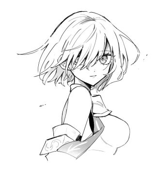 1girl armlet bare_shoulders breasts closed_mouth detached_sleeves dress fate/grand_order fate_(series) from_side hair_over_one_eye jewelry long_sleeves looking_at_viewer mash_kyrielight mash_kyrielight_(paladin) medium_breasts mo_(aabx315) monochrome short_hair simple_background sleeveless sleeveless_dress smile solo upper_body