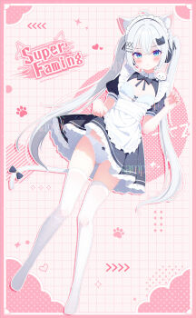 1girl absurdres ahoge animal_ear_fluff animal_ears apron black_bow black_bowtie black_dress blue_eyes blush border bow bowtie breasts cat_ears cat_girl cat_hair_ornament cat_tail claw_pose cleavage_cutout clothing_cutout commentary_request commission dress frilled_dress frills full_body gluteal_fold grey_hair grid_background hair_between_eyes hair_ornament headphones highres lace lace-trimmed_panties lace_trim long_hair looking_at_viewer maid maid_apron maid_headdress ohako_miyu open_mouth original outline panties pink_background pink_border pink_bow puffy_short_sleeves puffy_sleeves sample_watermark short_sleeves small_breasts solo tail tail_bow tail_ornament thighhighs twintails underwear very_long_hair watermark white_apron white_outline white_panties white_thighhighs