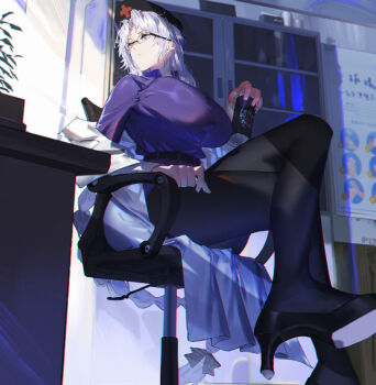 1girl absurdres alternate_costume bespectacled black_pantyhose black_shoes breasts can chair coat_partially_removed commission cross cross_print crossed_legs curtained_hair danzir dress fingernails from_below glasses grey_hair hat high_heels highres holding holding_can huge_breasts indoors lab_coat long_hair looking_to_the_side narrow_waist nurse_cap on_chair pantyhose pixiv_commission purple_dress shoes sitting solo touhou very_long_hair yagokoro_eirin