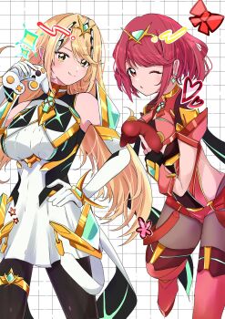 2girls arm_guards armor backless_outfit bare_shoulders black_gloves black_pantyhose blonde_hair bob_cut breasts cherubi_nbo chest_jewel controller dress earrings elbow_gloves fingerless_gloves floating_earrings game_controller gamecube_controller gloves highres holding holding_controller holding_game_controller impossible_clothes jewelry large_breasts leg_up long_hair microdress multiple_girls mythra_(massive_melee)_(xenoblade) mythra_(xenoblade) neon_trim nintendo pantyhose pantyhose_under_shorts pyra_(xenoblade) red_eyes red_hair red_shorts short_hair short_sleeves shorts shoulder_armor smile super_smash_bros. suspenders swept_bangs thigh_strap thighhighs thighhighs_over_pantyhose tiara very_long_hair white_dress white_gloves xenoblade_chronicles_(series) xenoblade_chronicles_2 yellow_eyes