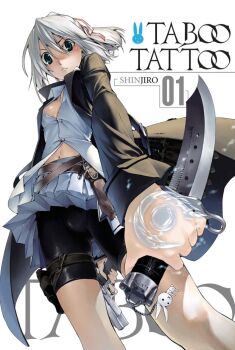 1girl absurdres arm_tattoo belt belt_buckle black_coat black_jacket black_shorts blue_eyes bluesy_fluesy blush bow breasts brown_belt buckle cleavage_cutout closed_mouth clothing_cutout coat collared_shirt colorized cover cover_page english_text female_focus grey_hair gun hair_bow hair_ribbon highres holding holding_gun holding_knife holding_pistol holding_weapon jacket knife legs long_hair long_sleeves looking_at_viewer looking_down manga_illustration manga_page midriff miniskirt navel no_bra official_art pants pink_bow pink_ribbon pleated_skirt ponytail ribbon sexually_suggestive shinjirou shirt shorts skin_tight skirt small_breasts solo solo_focus stomach taboo_tattoo tattoo thighs tight_clothes tight_pants translated unbuttoned unbuttoned_shirt upskirt weapon white_shirt white_skirt