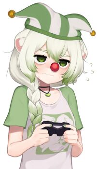 1girl animal_ear_fluff animal_ears braid clown_nose commentary controller english_commentary ferret_ears flying_sweatdrops food-themed_necklace frown game_controller gradient_hair green_eyes green_hair green_nails hair_between_eyes hair_over_shoulder hat highres holding holding_controller holding_game_controller indie_virtual_youtuber jester_cap jewelry laimu_(vtuber) laimu_(cozy)_(vtuber) long_hair multicolored_hair nail_polish pendant puffy_short_sleeves puffy_sleeves raglan_sleeves shirt short_sleeves side_braid simple_background single_braid solo t-shirt upper_body vinesauce virtual_youtuber wavy_mouth white_background white_hair wireless_game_controller yoako