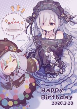 Rule 34 | absurdres, birthday, birthday cake, black jacket, black skirt, blue dress, blue hairband, bow, cake, commentary request, dated, dress, food, frilled dress, frills, from above, gothic lolita, hair over one eye, hairband, happy birthday, highres, holding, holding sketchbook, jacket, jogasaki noah, lolita fashion, lolita hairband, long hair, long sleeves, mahou shoujo no majo saiban, multicolored hair, natsume an-an, neck ribbon, notice lines, one side up, open mouth, polka dot, polka dot bow, purple eyes, ribbon, runa (runa7733), sketchbook, skirt, sleeves past fingers, sleeves past wrists, smile, sparkle, spoken food, standing, streaked hair, very long hair, white hair