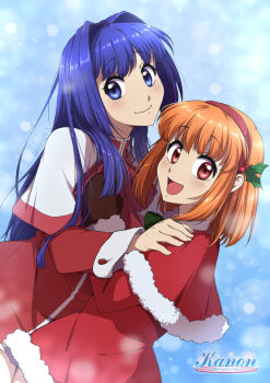 1boy 1girl absurdres artifedex blue_eyes blue_hair brown_mittens capelet commentary copyright_name dress english_commentary fur-trimmed_capelet fur-trimmed_dress fur_trim hair_intakes hairband hand_on_another&#039;s_shoulder highres kanon long_hair medium_hair minase_nayuki mistletoe_hair_ornament mittens open_mouth red_capelet red_dress red_hairband santa_costume santa_dress short_dress signature smile tsukimiya_ayu white_capelet