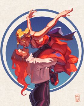 Rule 34 | 2girls, absurdres, ballet, batman (series), blonde hair, blush, closed eyes, dancer, dancing, dc comics, dress, eye contact, harlequin, harley quinn, highres, holding hands, hug, imminent kiss, jester, long hair, looking at another, mausinner, multiple girls, music, noses touching, poison ivy, red hair, shirt, skirt, smile, spinning, yuri