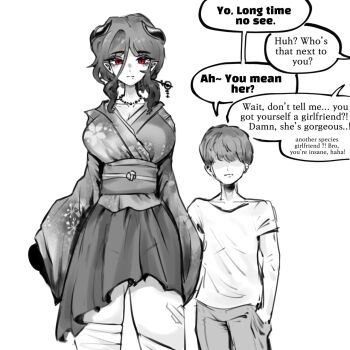 Rule 34 | 1boy, 1girl, breasts, english text, faceless, faceless male, highres, horns, japanese clothes, kimono, monochrome, oligogi meoggosipda, red eyes, tall female, white background