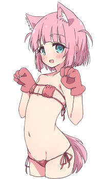 1girl :d animal_ears animal_hands aqua_eyes bikini bocchi_the_rock! commentary_request dog_ears dog_girl dog_tail eyepatch_bikini female_focus flat_chest gotoh_futari highres kemonomimi_mode loli long_hair looking_at_viewer mel_(melty_pot) navel open_mouth red_bikini short_hair side-tie_bikini_bottom simple_background smile solo stomach swimsuit tail white_background