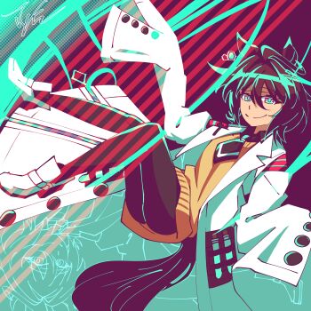 1girl absurdres agnes_tachyon_(tach-nology)_(umamusume) agnes_tachyon_(umamusume) ahoge animal_ears black_necktie black_pantyhose boots brown_hair chemical_structure closed_mouth coat commentary cork earrings english_commentary hair_between_eyes highres horse_ears horse_girl horse_tail jewelry jongk_ok lab_coat long_sleeves looking_at_viewer necktie pantyhose red_eyes shirt short_hair short_necktie single_earring sleeves_past_fingers sleeves_past_wrists smile solo sweater sweater_vest tail test_tube umamusume white_boots white_coat wolf_cut yellow_sweater yellow_sweater_vest