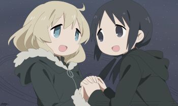 2girls artist_name atomlarve black_hair blonde_hair blue_eyes chito_(shoujo_shuumatsu_ryokou) coat dated eye_contact female_focus fur-trimmed_coat fur_trim green_coat holding_hands hood hood_down hooded_coat looking_at_another multiple_girls open_mouth shoujo_shuumatsu_ryokou twintails yuuri_(shoujo_shuumatsu_ryokou)
