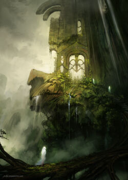 1other branch cloud cloudy_sky commentary english_commentary from_side ghost jjcanvas landscape leaf moss original painterly ruins scenery signature sky spirit stairs walking water watermark web_address