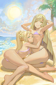 2girls arms_behind_head barefoot beach bikini blonde_hair blush cloud commentary_request day eyelashes glint green_eyes grin lillie_(pokemon) long_hair lusamine_(pokemon) mother_and_daughter multiple_girls nintendo outdoors pokemon pokemon_sm ponytail sand shore sky smile sun swimsuit toes tree water yugen99