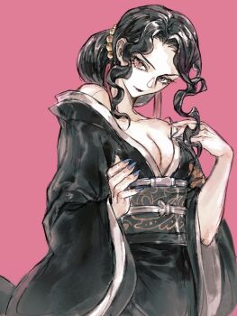 1girl black_hair black_kimono breeze905 chinese_commentary commentary_request demon_girl floral_print highres japanese_clothes kibutsuji_muzan kibutsuji_muzan_(female) kimetsu_no_yaiba kimono red_eyes red_lips slit_pupils solo