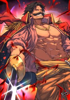 1boy abs bara bare_pectorals belt belt_buckle black_hair brown_pants buckle cape collared_cape commentary commission dutch_angle english_commentary epaulettes facial_hair gol_d._roger gold_trim grin highres holding holding_sword holding_weapon jewelry male_focus muscular muscular_male mustache navel necklace one_piece open_clothes open_shirt pants pectorals pink_shirt red_belt red_cape rovrov shirt short_hair sleeves_rolled_up smile solo sword weapon wing_collar