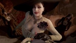 1boy 3d 3girls age_difference alcina_dimitrescu animated black_dress black_flower black_gloves black_headwear breasts capcom cleavage colored_skin dress earrings femdom flower from_above gloves handjob hat hetero hood jewelry large_breasts laughing looking_at_viewer multiple_girls necklace pearl_necklace penis pov red_lips resident_evil resident_evil_village smile sound sun_hat tagme uncensored video white_dress white_skin yellowbea