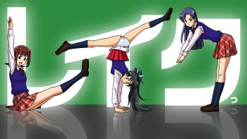 Rule 34 | 3girls, amami haruka, arms up, ass, bent over, blue eyes, blue hair, blue legwear, blush, brown eyes, brown hair, dress shirt, ganaha hibiki, green eyes, hair ribbon, idolmaster, idolmaster (classic), kisaragi chihaya, letter, letter pose, lielos, loafers, long hair, long sleeves, looking at viewer, miniskirt, multiple girls, open mouth, panties, plaid clothes, plaid skirt, pleated skirt, ponytail, reflection, ribbon, shirt, shoes, short hair, sitting, skirt, smile, socks, split, standing, sweatdrop, sweater vest, underwear, upside-down, white panties, white shirt