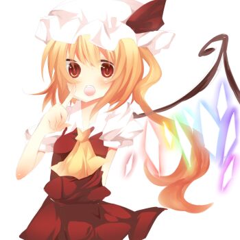 Rule 34 | 1girl, :o, arm behind back, ascot, asymmetrical hair, bad id, bad pixiv id, blonde hair, blush, breasts, brown eyes, collared shirt, dress, embodiment of scarlet devil, eyes visible through hair, female focus, flandre scarlet, hat, long hair, mob cap, nayuta (scarlet-noize), pointing, pointing up, puffy short sleeves, puffy sleeves, red eyes, red skirt, shirt, short hair, short sleeves, side ponytail, simple background, skirt, slit pupils, small breasts, solo, teeth, touhou, white background, white hat, wings, yellow ascot