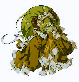 1girl apron blush brown_dress brown_hairband brown_horns brown_shoes colored_skin commentary_request cookie_run cookie_run:_kingdom dress food food_on_face frilled_apron frilled_dress frilled_hairband frills full_body green_eyes green_hair green_skin hair_ornament hairband highres horns humanization korean_commentary long_hair matcha_cookie matcha_cookie_(absent-minded_maid) official_alternate_costume open_mouth pakjjack shoes simple_background sleeves_past_fingers sleeves_past_wrists solo white_apron white_background