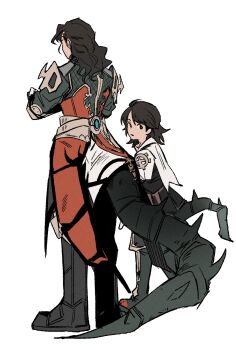 2boys armor black_boots black_hair boots brothers capelet child facing_away final_fantasy final_fantasy_xii full_body garbage_paper height_difference highres larsa_ferrinas_solidor long_hair looking_at_viewer male_focus medium_hair multiple_boys shoulder_armor siblings standing tail vayne_carudas_solidor wavy_hair white_background white_capelet